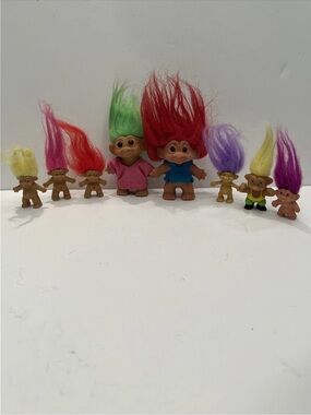 TROLL Dolls Lot Of 8 DAM Things, SOMA Others No Stamp. Yellow Purple Green Hair